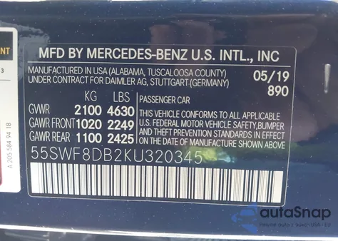 2019 Mercedes-Benz C 300 z USA, uszkodzony, nr VIN 55SWF8DB2KU320345